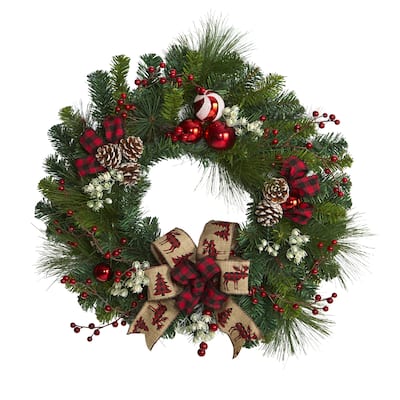 24" Christmas Pine Wreath with Pine Cones and Ornaments