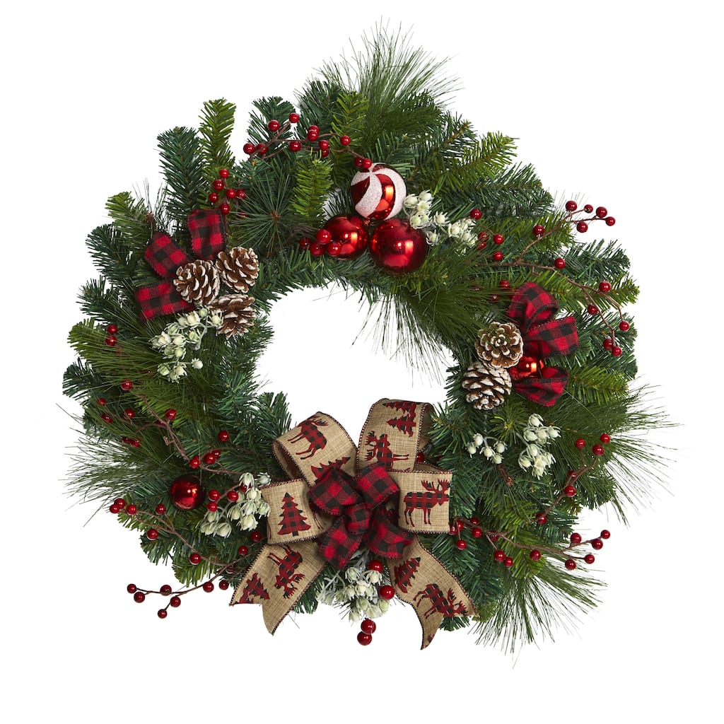 24" Christmas Pine Wreath with Pine Cones and Ornaments