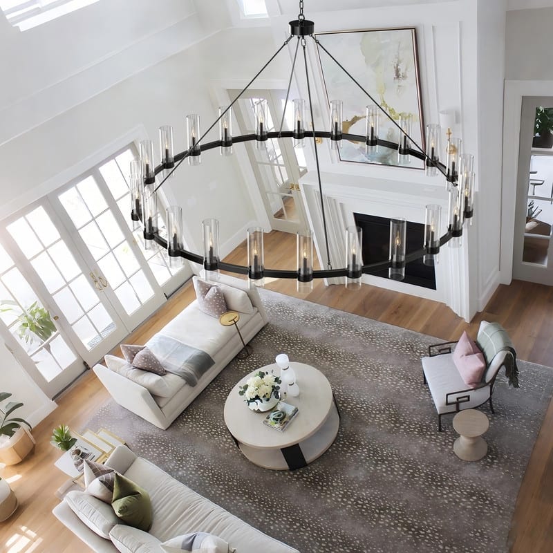 Black Wagon Wheel Chandelier with Glass Shades Adjustable Farmhouse Pendant Light for High Ceilings