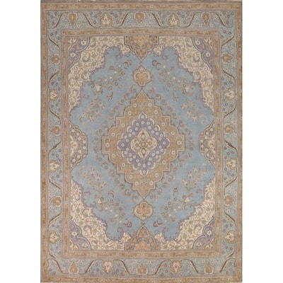 Geometric Tabriz Persian Area Rug Light Blue Handmade Wool Carpet - 9'7"x 12'4"