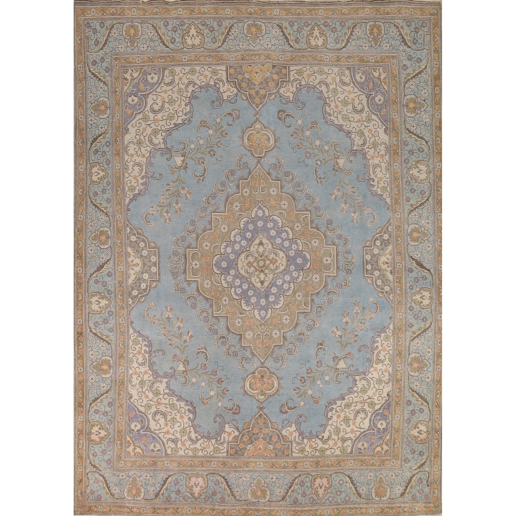 Geometric Tabriz Persian Area Rug Light Blue Handmade Wool Carpet - 9'7"x 12'4"
