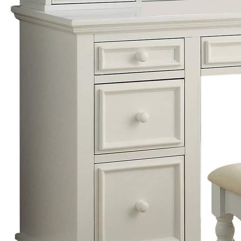 Cael 60 Inch Vanity Desk with Stool, Drawers, 3 Sided Mirror, White Wood