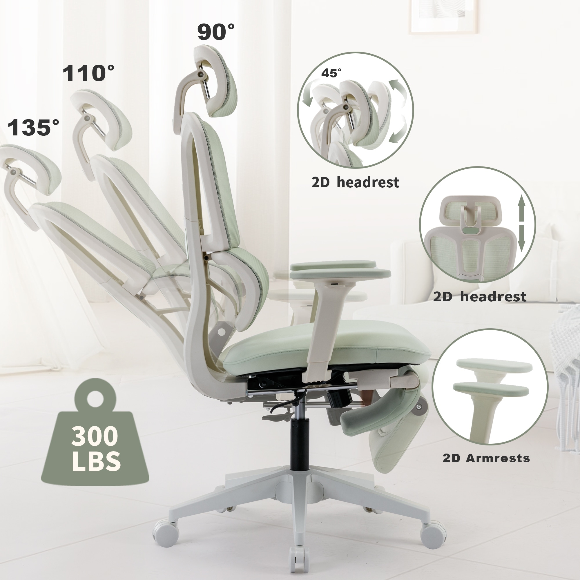 Ergonomic Office Chair with 2D Armrest Adjustable Lumbar Support & Hea