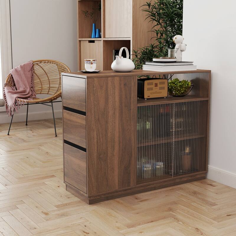 GDF Studio - Marten Modern Kitchen Sideboard with Sliding Glass Doors, Drawers, and Display Shelves - 12.99"