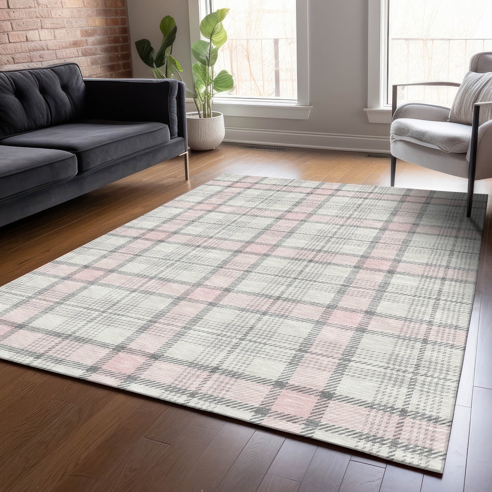 Machine Washable Indoor/ Outdoor Casual Plaid Chantille Rug