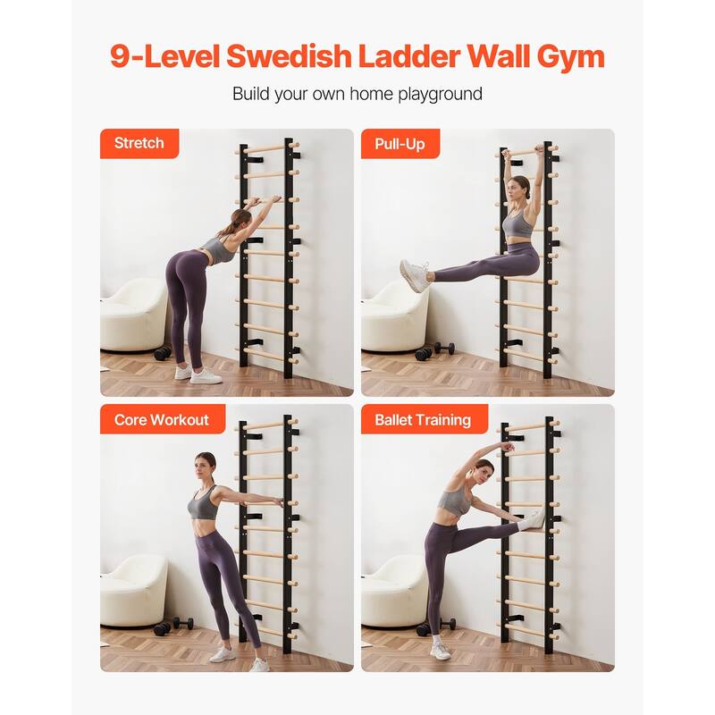 9 Level Multi Purpose Swedish Ladder Heavy Duty Carbon Steel Frame with Solid Beech Wood Rungs for Home Gym