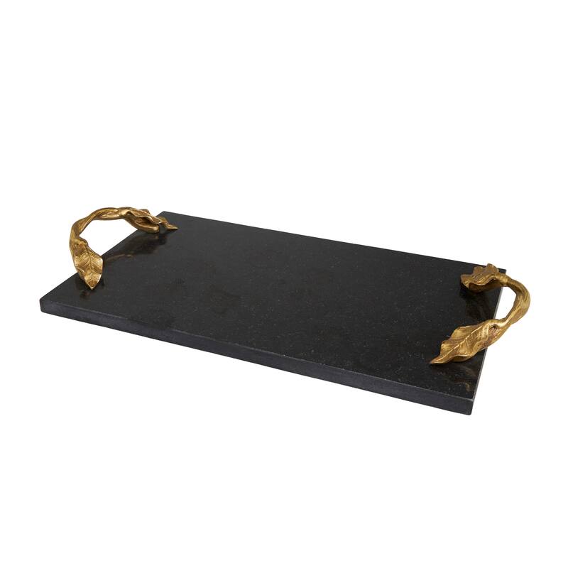 Black Marble Oval or Rectangle Tray with Gold Leaf Handles