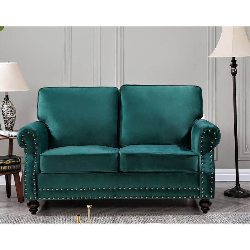 Suffield Velvet Nailhead Loveseat - Green