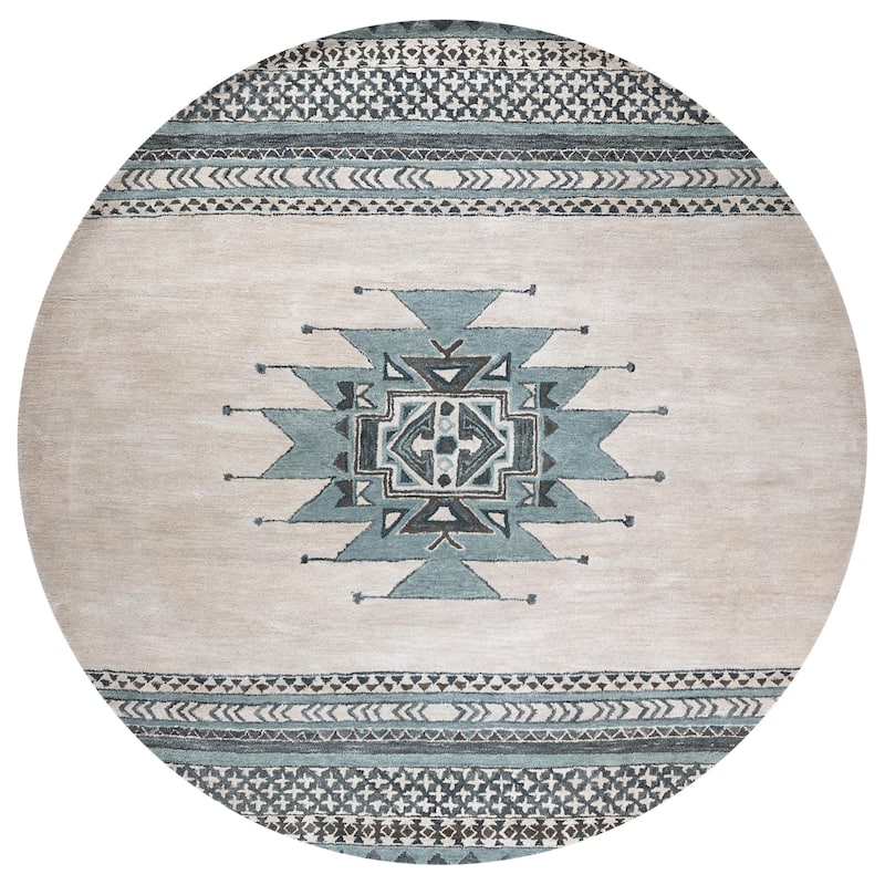 Alora Decor Ryder Ivory, Tan, Aqua, and Grey Hand-tufted Wool Rug - 8' x 8' - Blue