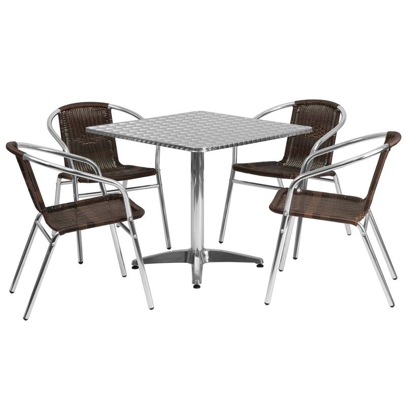 31.5'' Square Aluminum Indoor-Outdoor Table Set with 4 Rattan Chairs - 31.5"W x 31.5"D x 27.5"H
