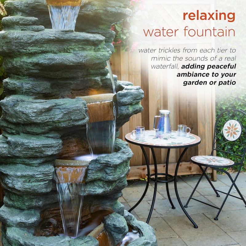 Alpine Corporation TZL274 79" Gray Outdoor Floor Multi Tier Water Fountain with LED Lights