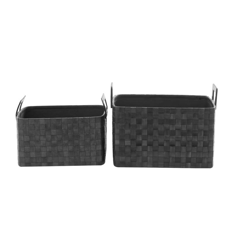 Sleek Leather Modern Storage Basket with Handles (Set of 2) - Dark Blue or Brown