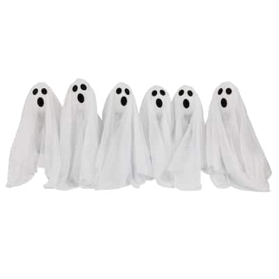 Set of 6 LED Lighted White Ghost Outdoor Halloween Lawn Stakes, 30"