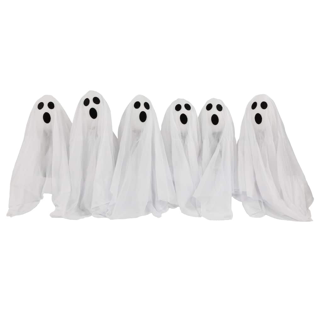 Set of 6 LED Lighted White Ghost Outdoor Halloween Lawn Stakes, 30"