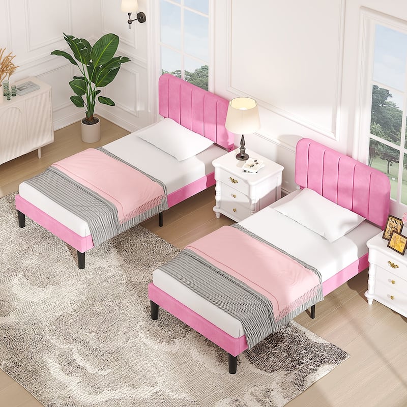 2 Pack Kids Bed Frame Height Adjustable Upholstered Headboard Bed Twin Size Bed Set of 2