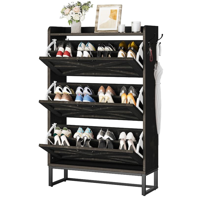 Moasis Farmhouse Flip Shoe Cabinet Shoe Storage Cabinet with 3 Flip Doors Adjustable Shelf - 31.4"L x 8.8"W x 53.1"H - Grey