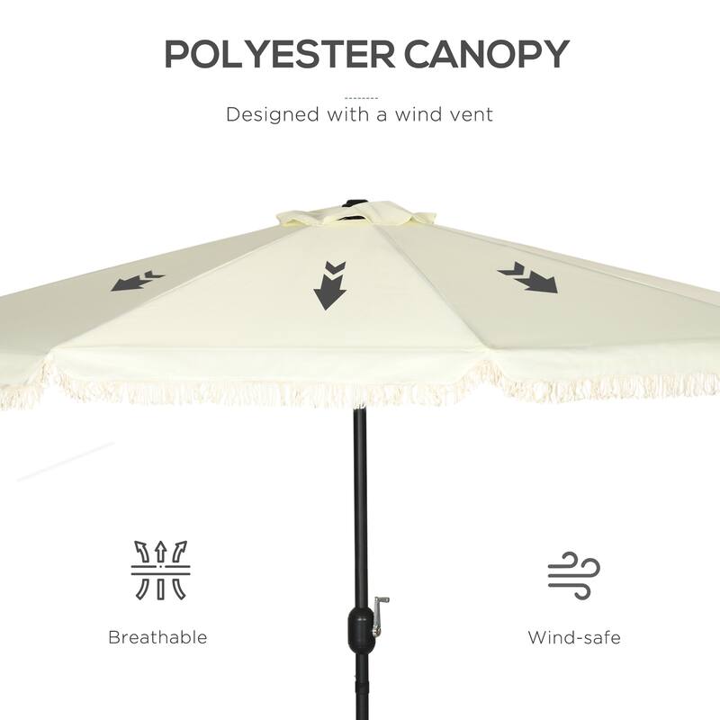 Outsunny 9ft Patio Umbrella with Push Button Tilt and Crank, Ruffled Outdoor Market Table Umbrella with Tassles and 8 Ribs