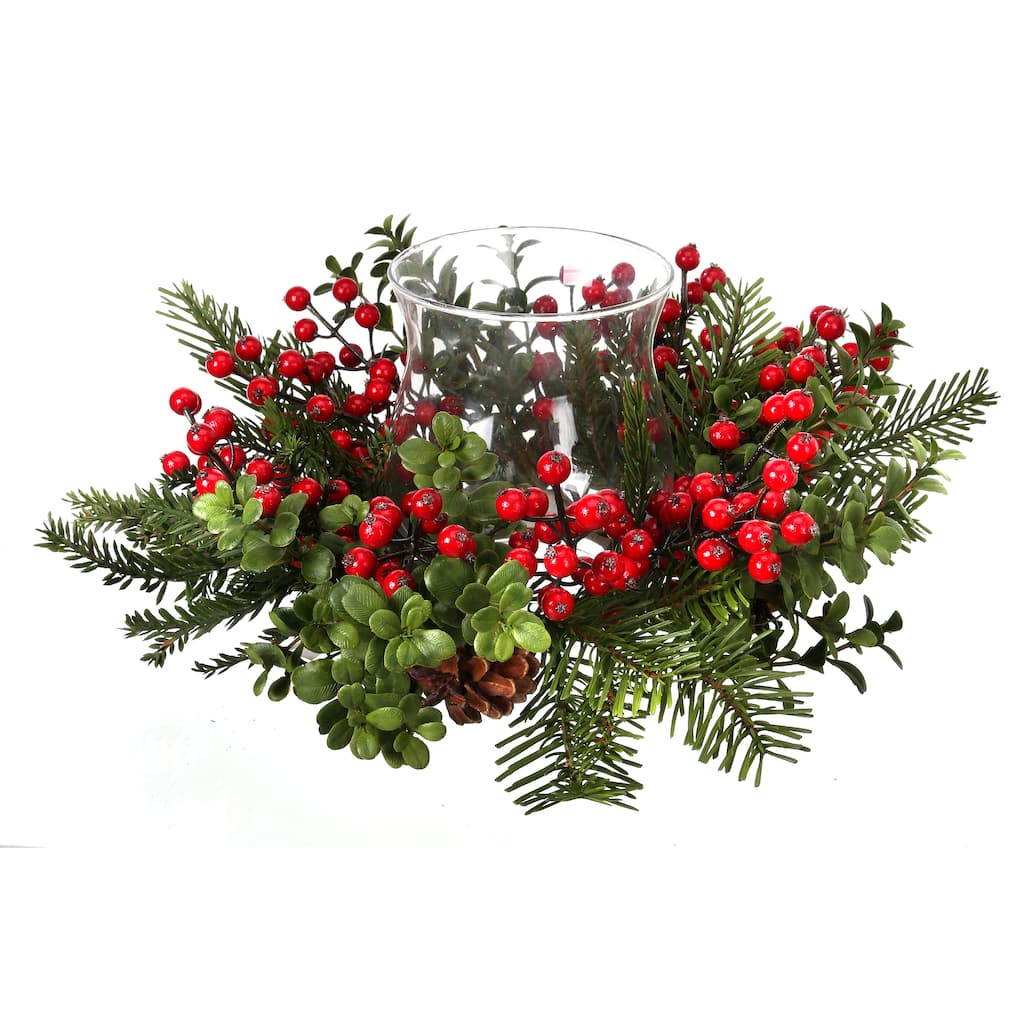 14" Natural Touch Boxwood Fir Glass Candle Holder