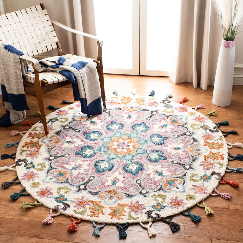 SAFAVIEH Handmade Novelty Evelin Bohemian Floral Wool Rug - 7' Round - Pink/Blue