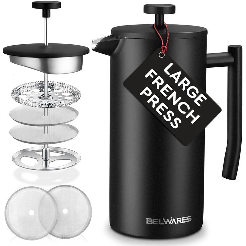 French Press Coffee Maker – Insulated Coffee Press Stainless Steel 304 – Coffee Spoon, Double Wall, & 4 Level Filtration System - Black - 50oz