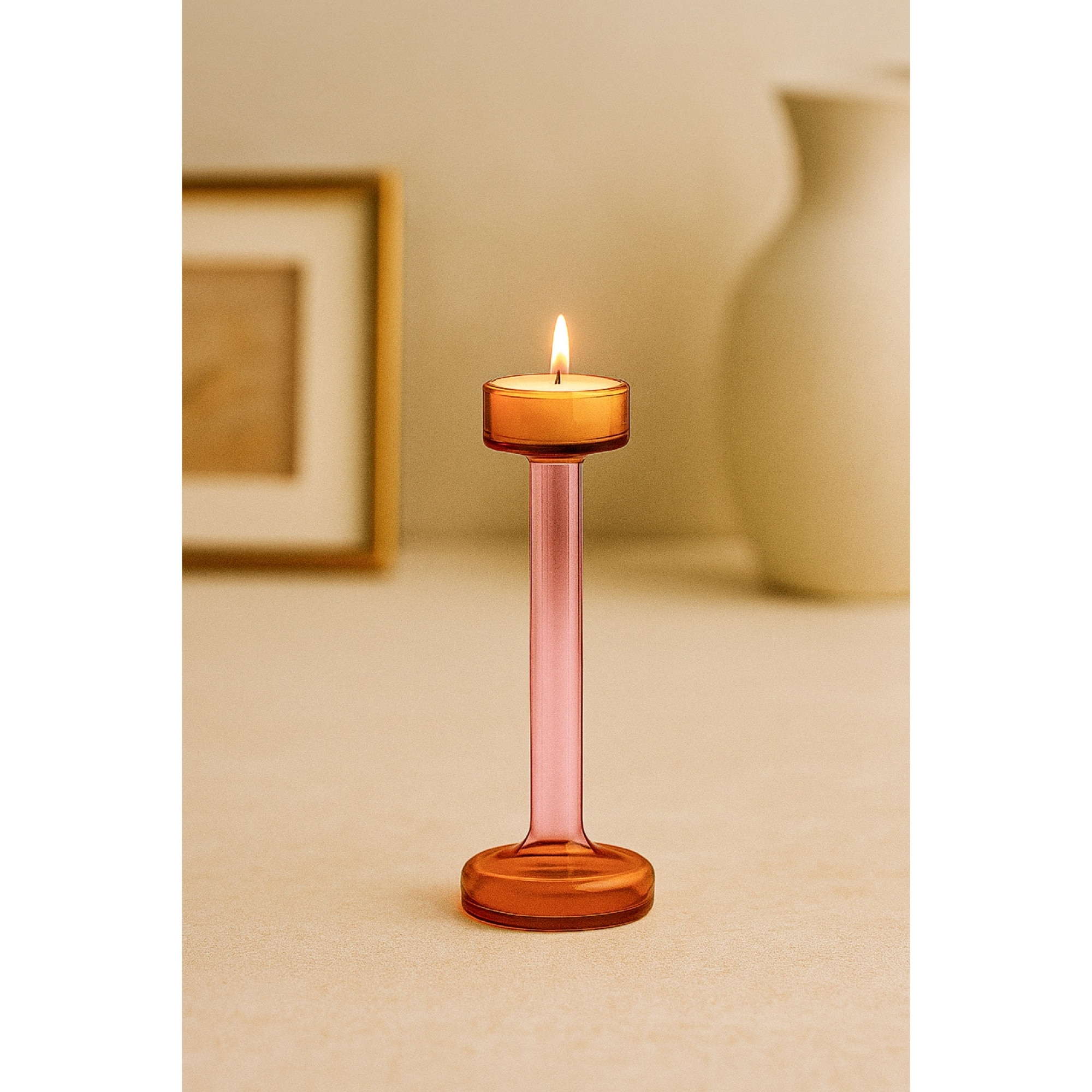 Medium Transparent Glass Tealight Candle Holder 11.25" Pink and Amber