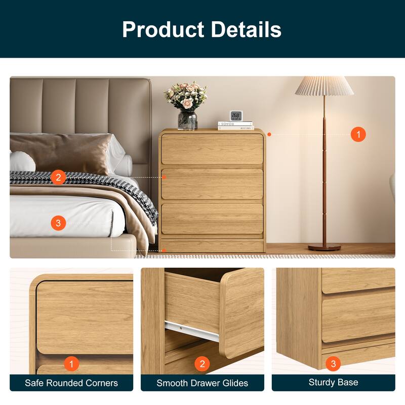 Modern Storage 3-Drawer Nightstand Set of 2 for Bedroom, Nursery, Living Room