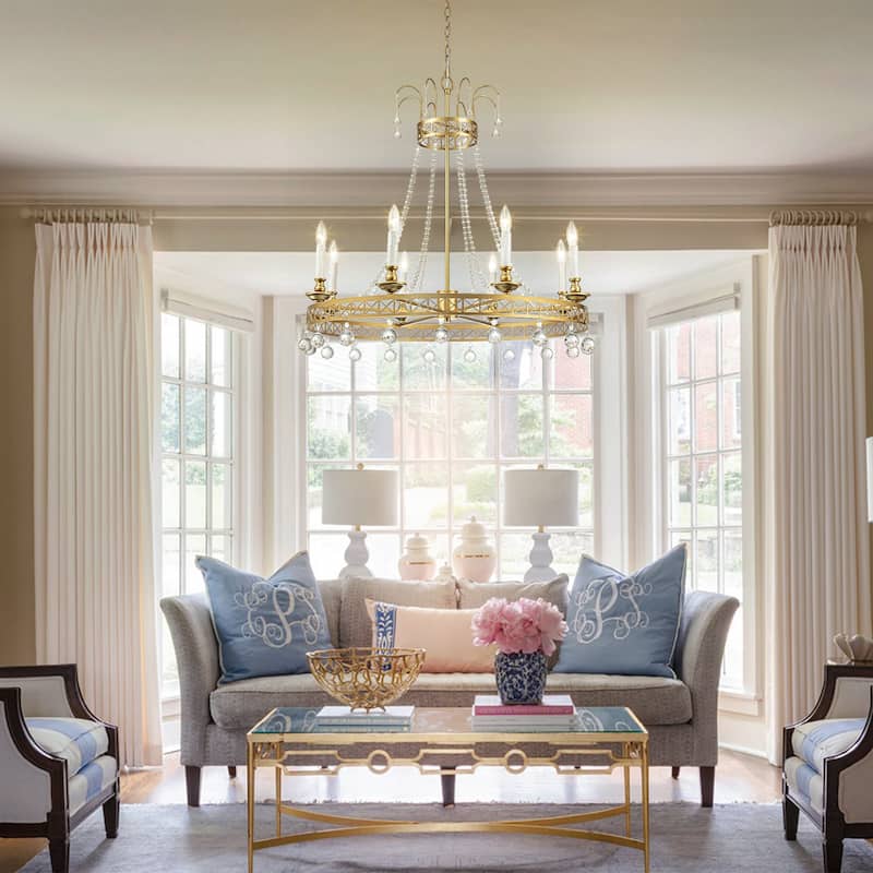 8-Light Glam Modern Wagon Wheel Gold Crystal Chandelier with Crystal Beads - 33.4 in. W x 33.8 in. H