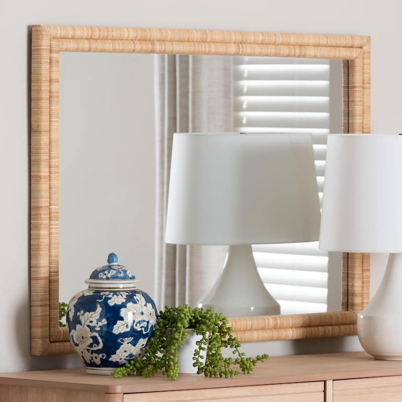 Canan Grasscloth Wall Mirror - Handwoven Rectangle Frame Accent Mirror for Bedroom, Entryway, or Living Room - Light Brown