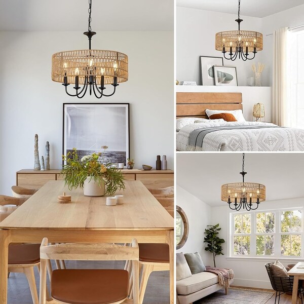 Modern Farmhouse 5 Light Chandelier Large Rattan Pendant with Handwoven Wicker Shade Boho Black Lighting Brown