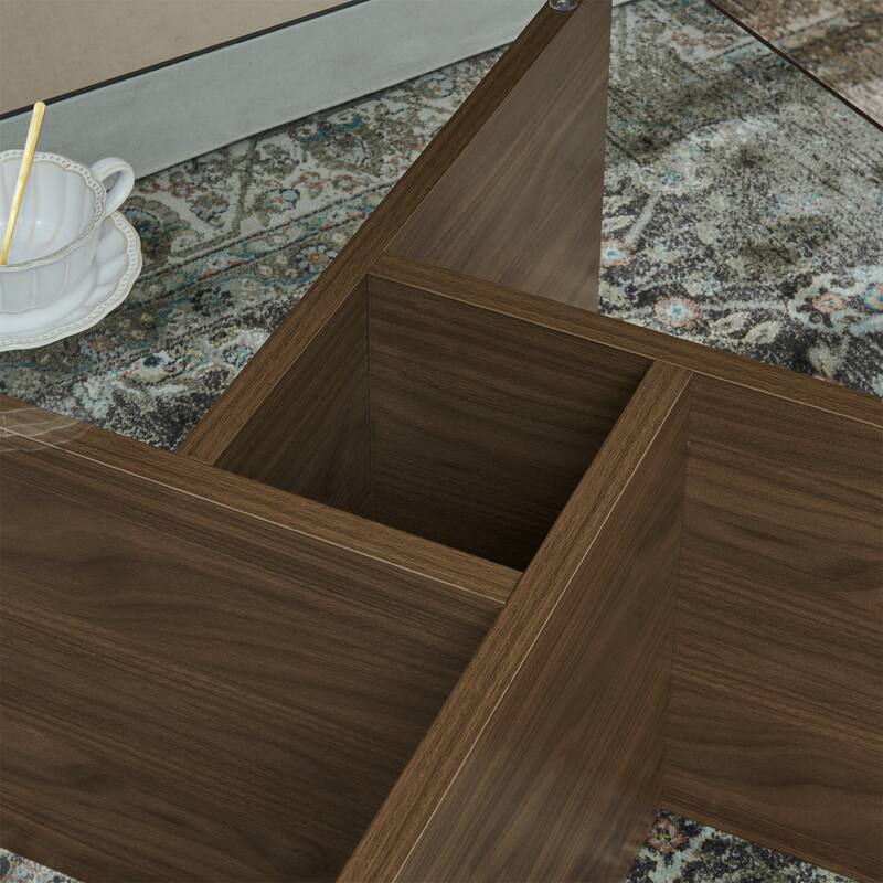 Mid-Century Modern Square Coffee Table Industrial Minimalist Glass Coffee Table with Tempered Glass Top, for Living Room