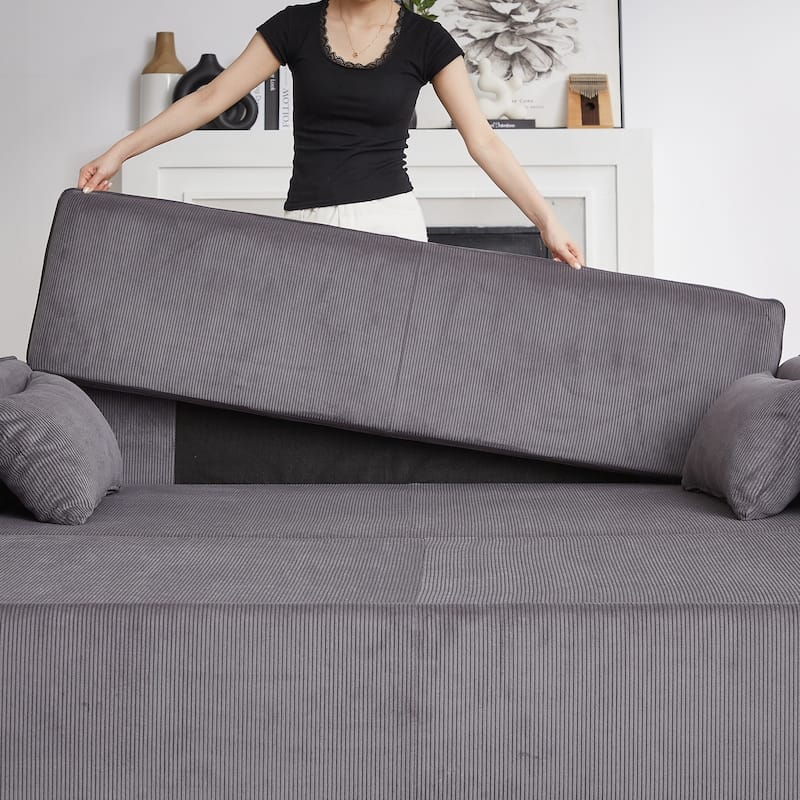 66 Inch Sleeper Sofa Bed with Pullout Bed 4 Pillows and Side Pockets Soft Corduroy Convertible Sleeper Sofa Bed