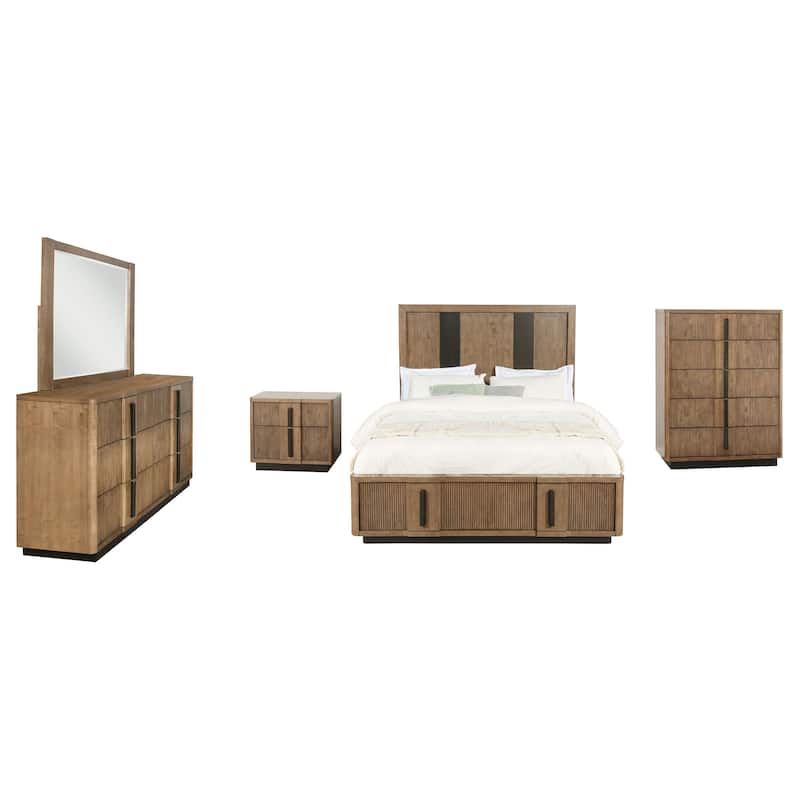 Reon 5pc Queen Bedroom Set with Storage, Ash Brown Fluted Panel