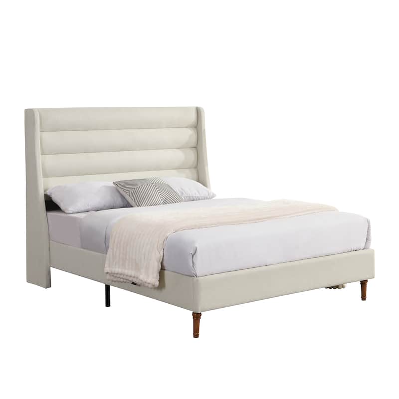 Queen Size Bed Frame High Headboard Upholstered Platform Bed with Wave - Shaped Headboard, Premium Chenille Fabric