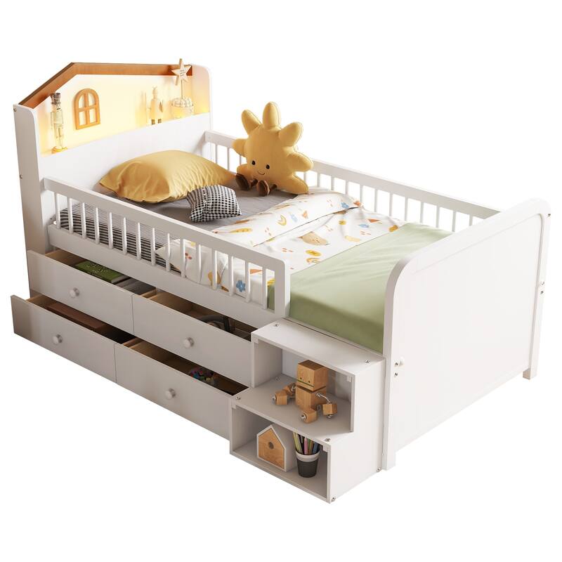 Wooden Twin Size Low Loft Bed with House Shape Headboard Built-in LED Lights, Kids Storage Bed with Drawers and Storage Stairs