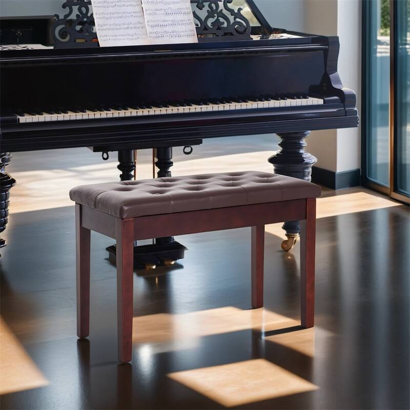 Duet Piano Chair with Faux Leather Padded Cushion and Wooden Frame - Brown
