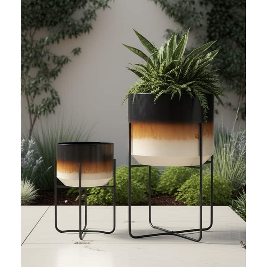 Metal Planters Sleek Modern Stands Decorative Accent Design (Set of 2)