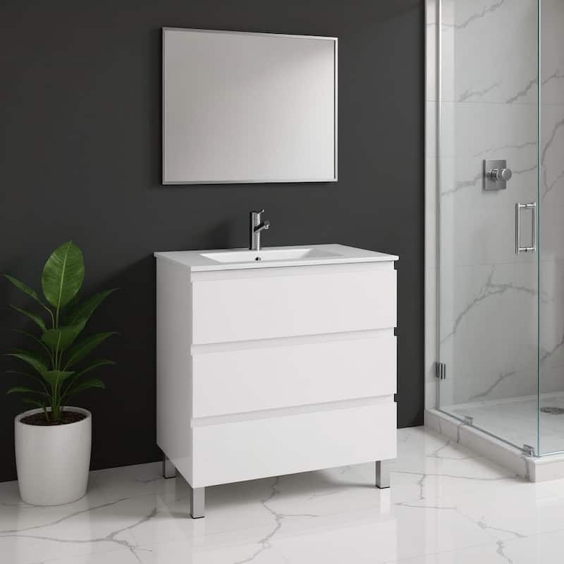 HomeRoots 28" White Wood Freestanding Bathroom Vanity With White Sink And Three Drawers - 28.00 in. x 39.06 in. x 18.10 in. - 28.00 in. x 39.06 in.  x 18.10 in. - Polished - White
