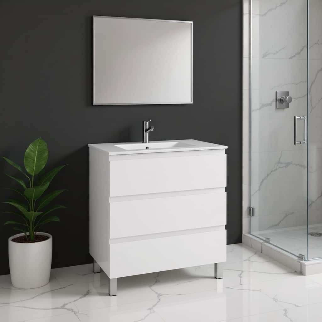 HomeRoots 28" White Wood Freestanding Bathroom Vanity With White Sink And Three Drawers - 28.00 in. x 39.06 in. x 18.10 in.