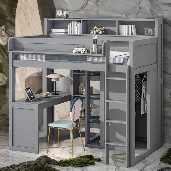 slide 2 of 16, Elegant Sturdy Wood Twin Loft bed with Multiple Storage Shelves and Wardrobe, Built-in desk and Full-length Guardrails, Gray Grey