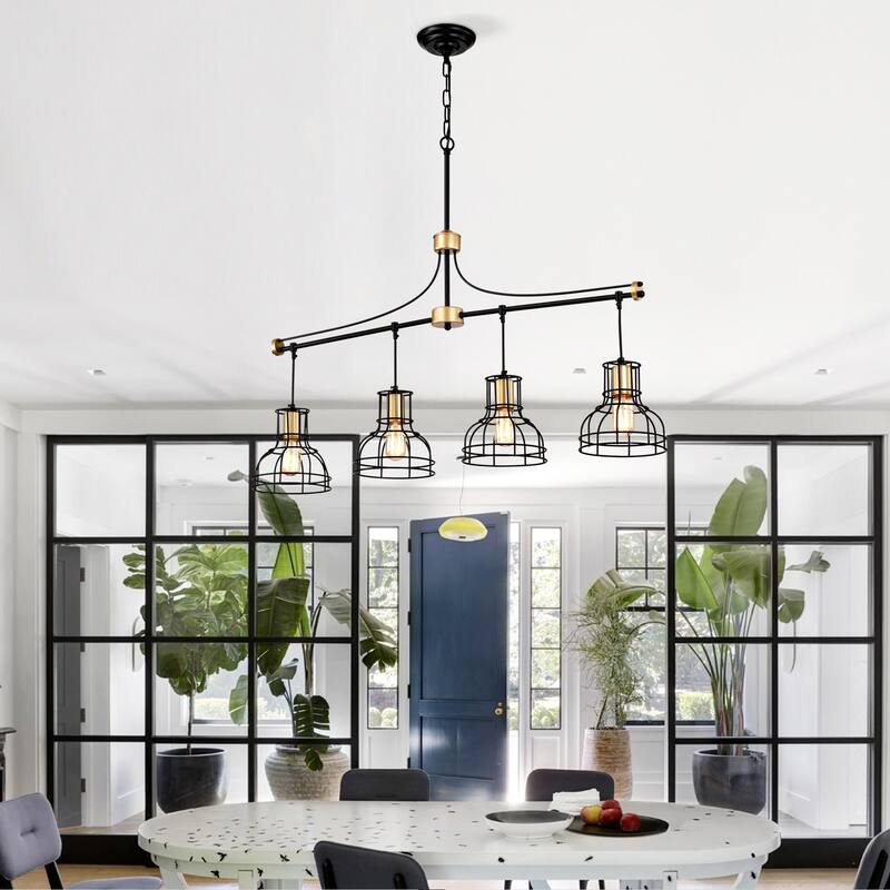 Farmhouse Linear Chandelier 4-Light Matte Black Ceiling Light Fixture with Metal Lampshade, for Dining Room, kitchen Island