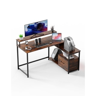L-Shaped Gaming Desk with Monitor Shelf, LED Strip, and Power Socket ...