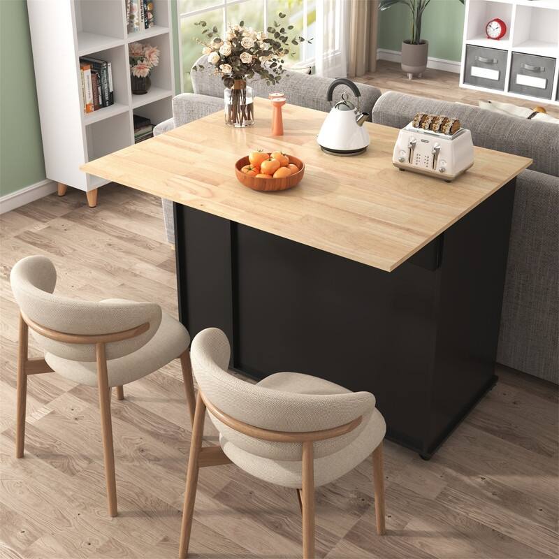 Kitchen Island with Drop Leaf and 3 Tier Pull Out Cabinet Organizer, Rolling Kitchen Cart on Wheels w/ 2 Drawers & Storage Rack