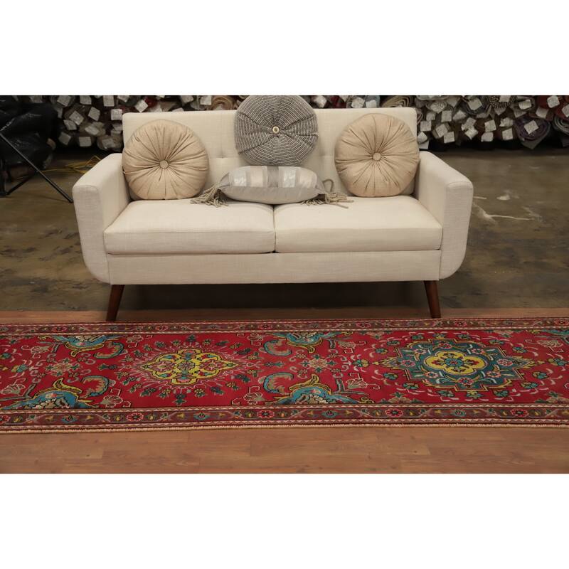 Hand Knotted Oriental 100% Wool Carpet Traditional Floral Red Tabriz Runner Rug - 13' 4'' X 2' 10''