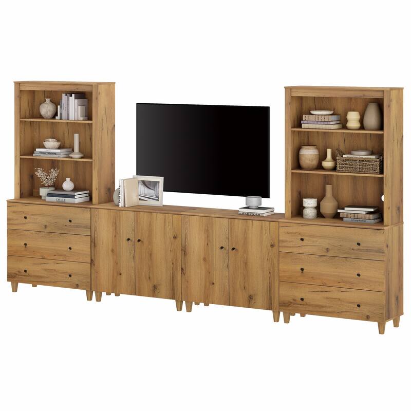 WAMPAT Modern Entertainment Center with Bookshelves for 75" TVs - Oak Brown - 6 Drawers & 2 Cabinets
