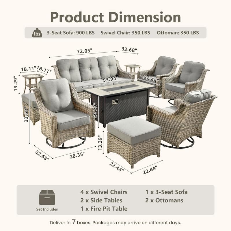 HOOOWOOO 10-piece Wicker Outdoor Patio High Back Swivel Chair Set with Fire Pit