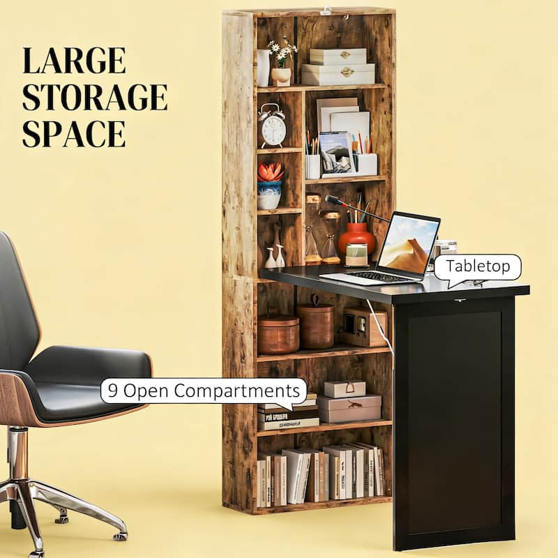Fold Out Convertible Computer Desk with Storage Shelves, Space Saving Home Office Writing Desk with Blackboard