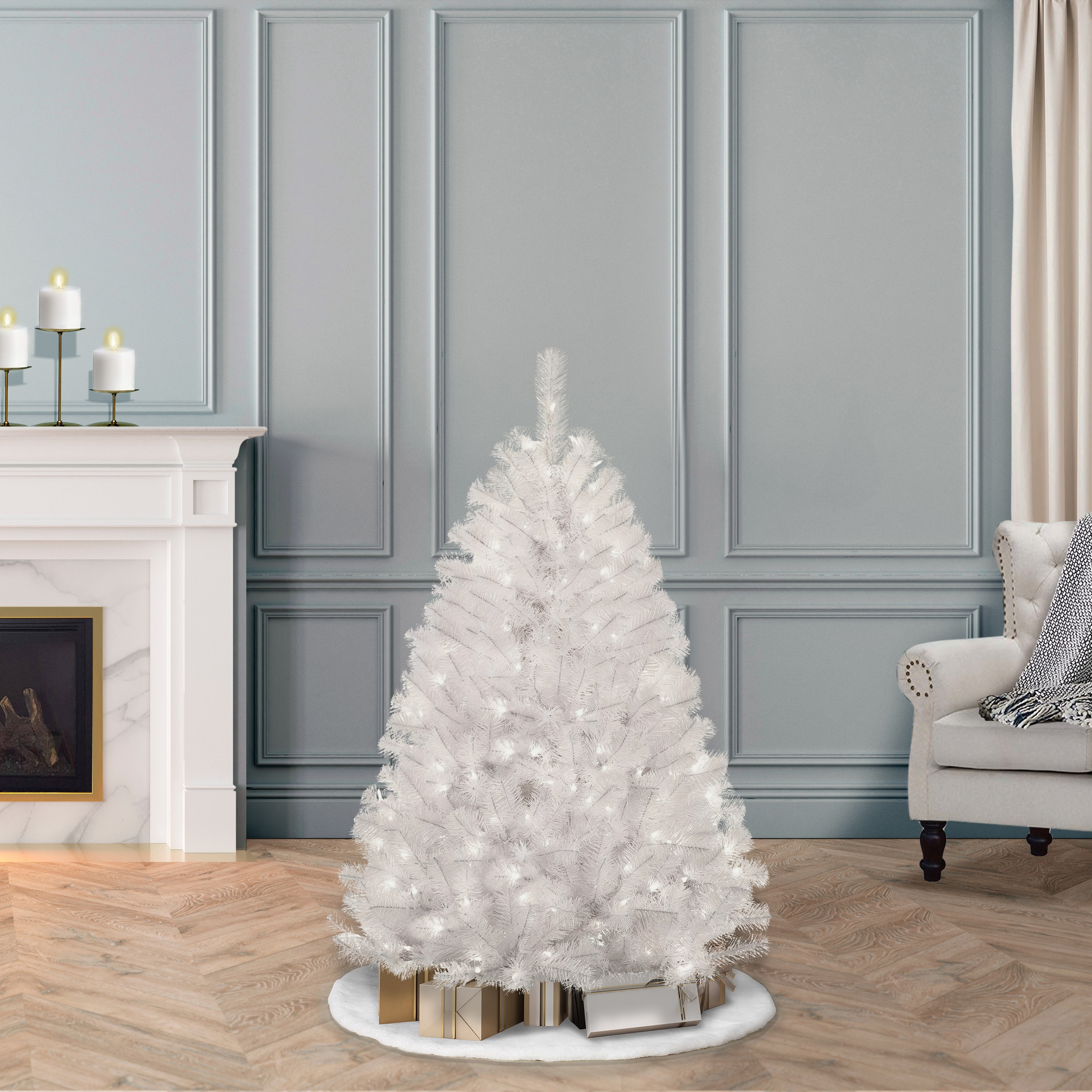 Puleo International 4.5 ft. Pre-Lit White Northern Fir Artificial Christmas Tree