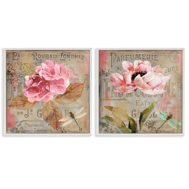 Stupell Vintage Collage French Florals Framed Giclee Art Design By Sasha (Set of 2) - 24 x 24 - White