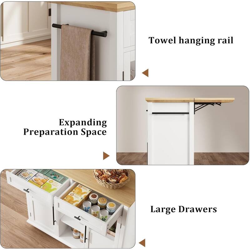 Kitchen Island, Rolling Kitchen Island Cart On Wheels With Widen Drop Leaf Top, 2 Glass Doors, Spice Rack & Towel Holder