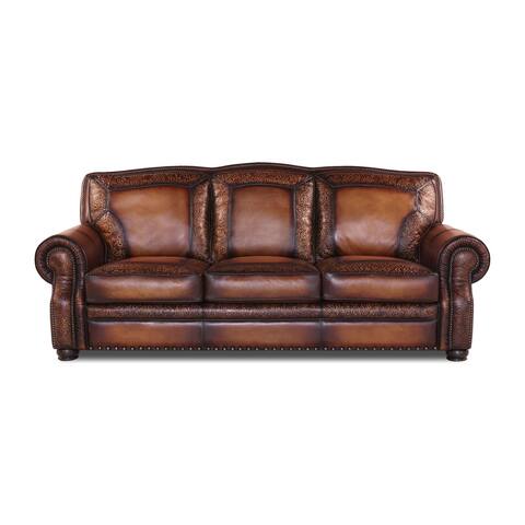 Balmoral Top Grain Leather Sofa w/ Hand Tool Damask
